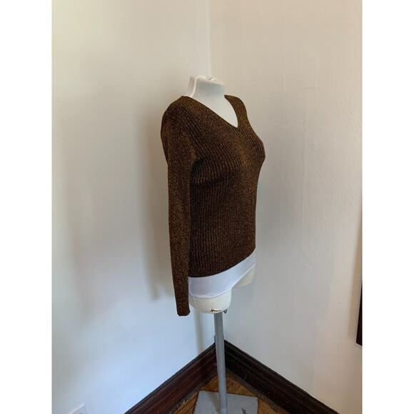 Y2K VTG Joseph A. Sweater M Metallic Bronze Thread Knit Ribbed Sexy Snug V Neck - Picture 8 of 11
